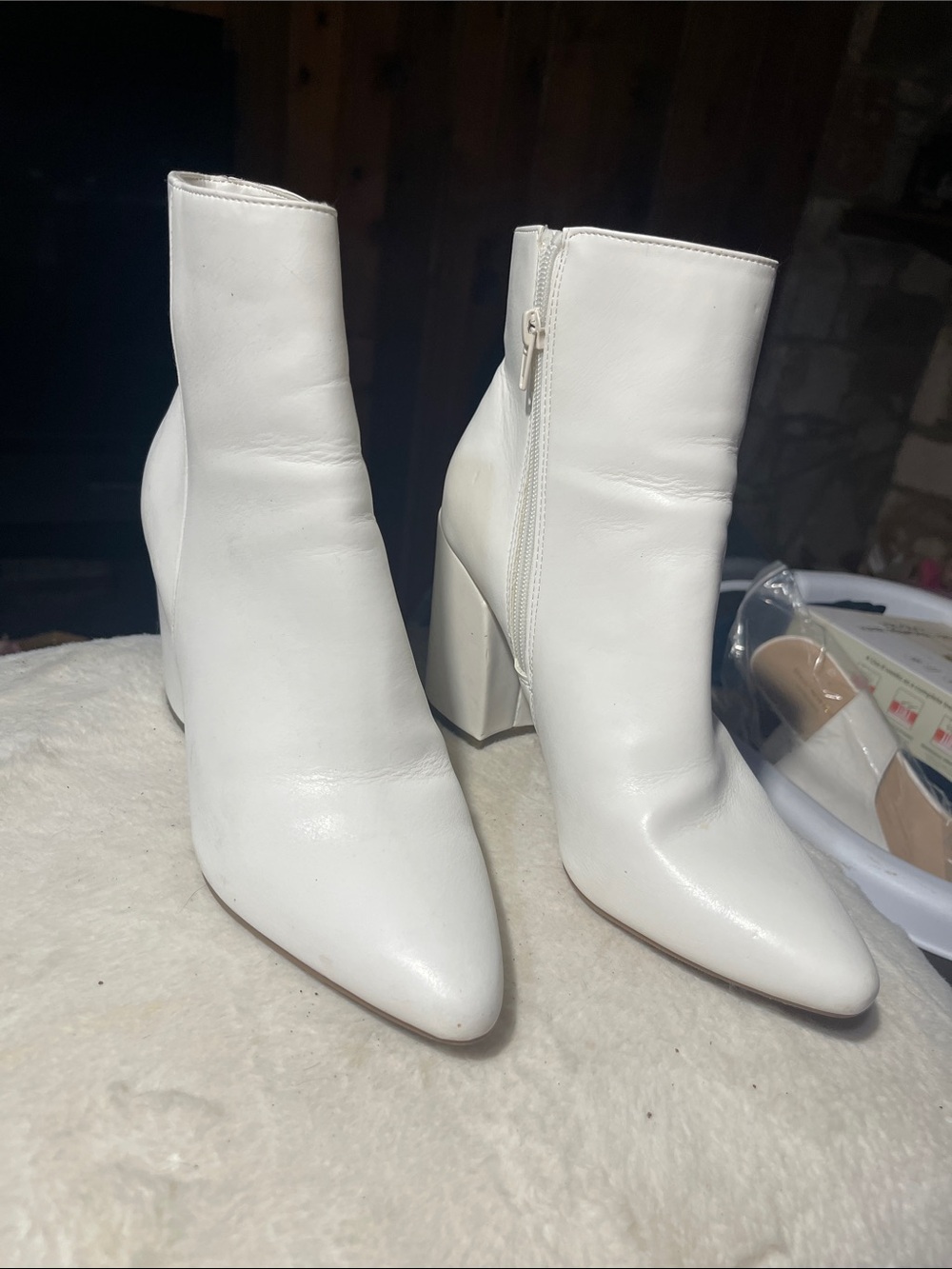 Sugar White Pointed Toe Block Heel Ankle Booties